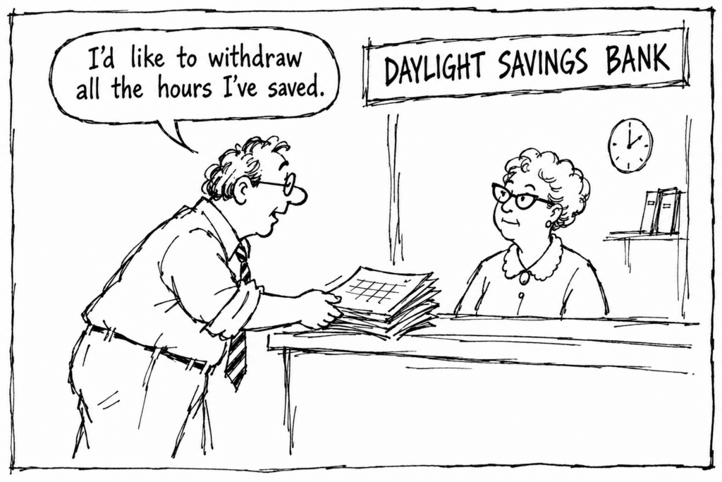 Man asking to withdraw saved hours from Daylight Savings Bank